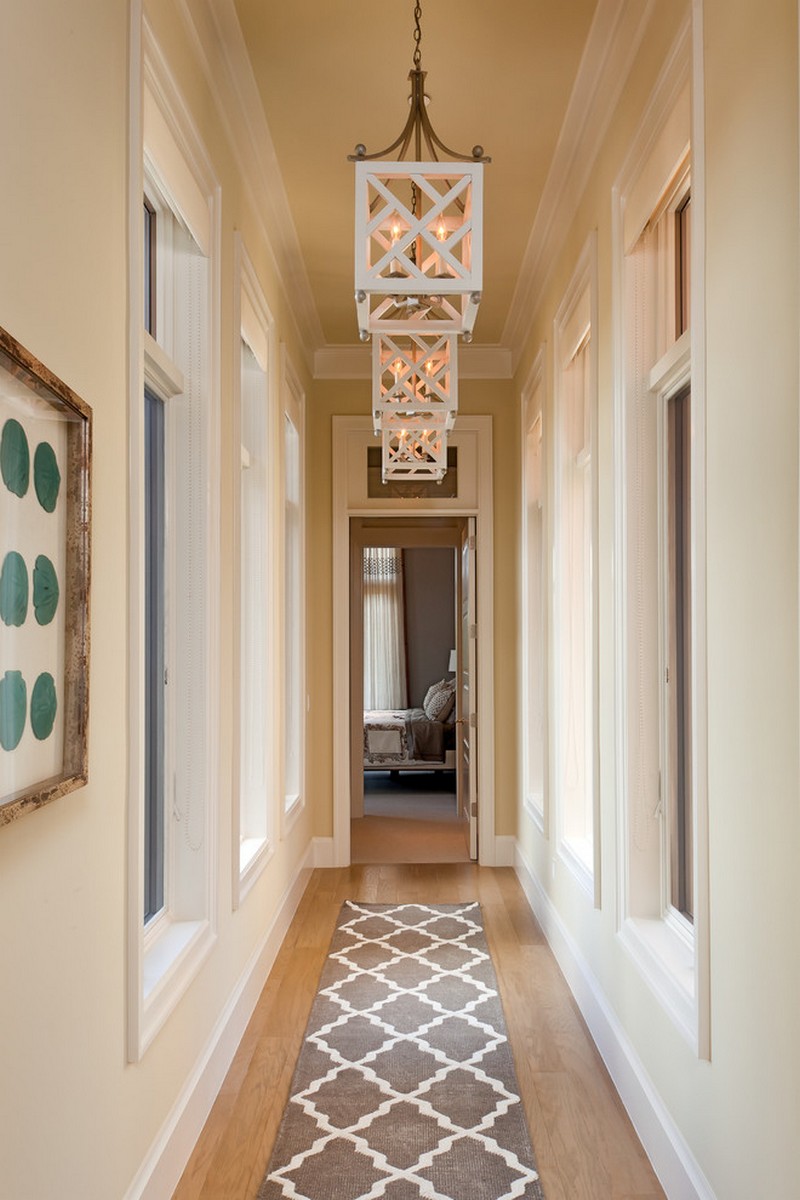 Narrow hallway rug and beautiful lights