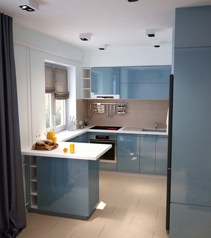 голубая мебель на кухне