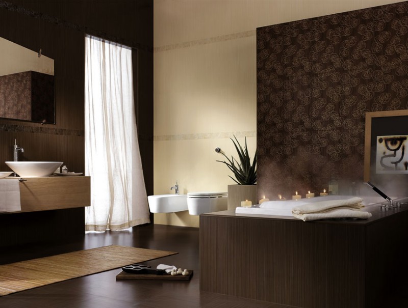 bathroom with brown tiles