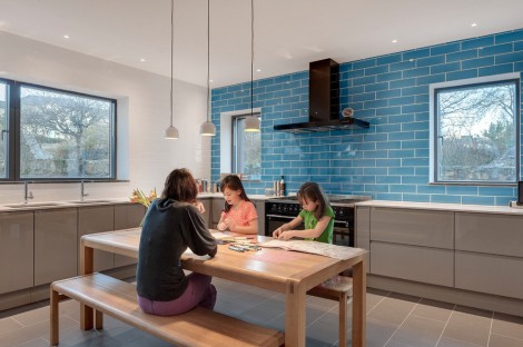 blue beveled edge brick tiles splashback kitchen