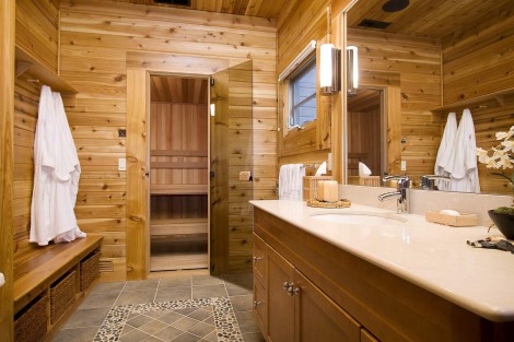 cedar walls with stone floor inlay in the sauna