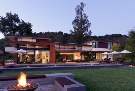 geometric style home with firepit