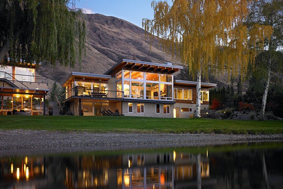 modern house by lakeside
