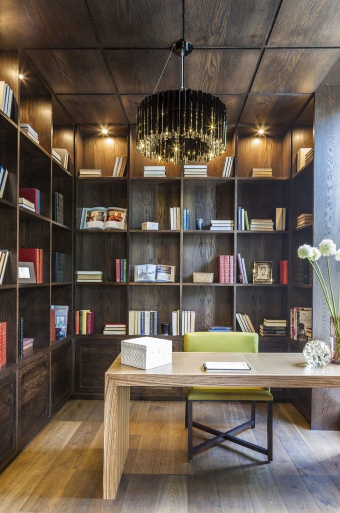 natural wood floors and bookcases