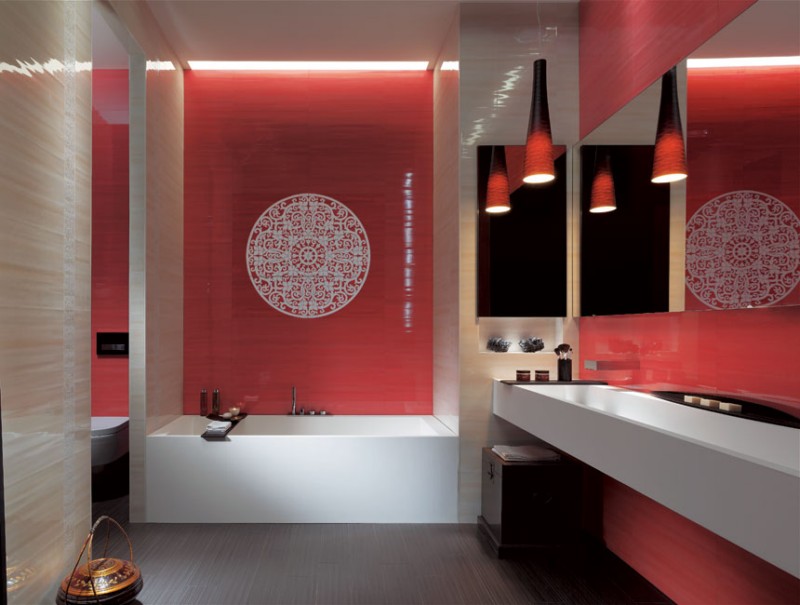 red and white bathroom