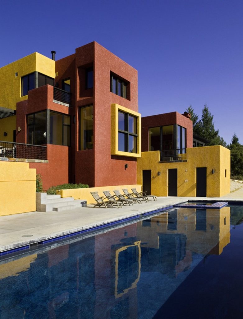 vibrant colour house with outdoor swimming pool