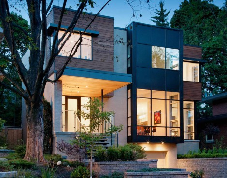 wood metal and glass facade modern house