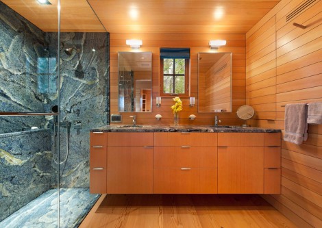 wooden bathroom with double basin wood panel